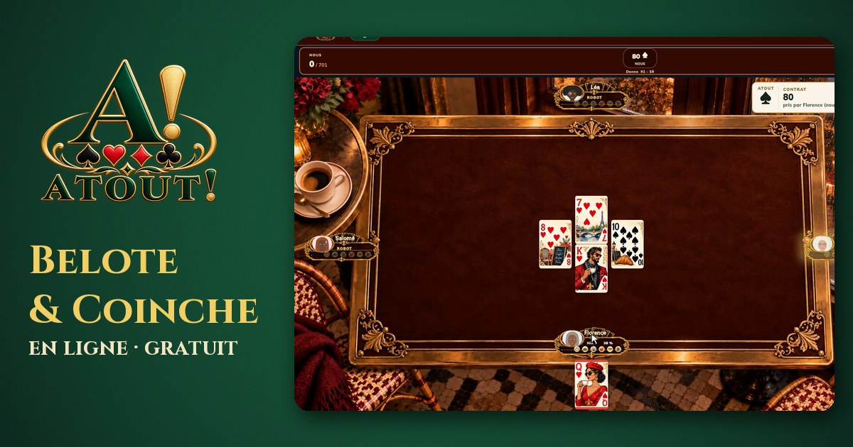 An Atout! game of Coinche in progress on a Parisian café table